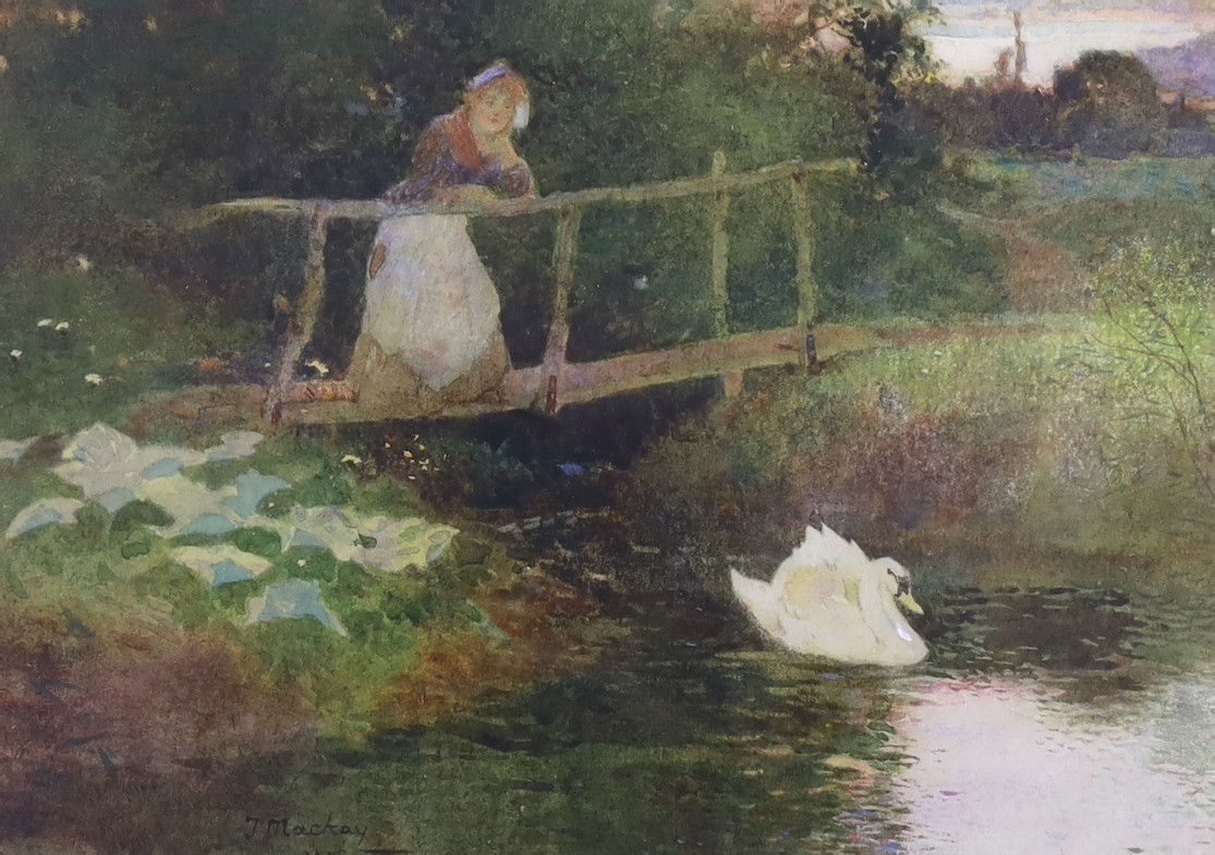 Thomas Mackay (1851-1920), watercolour, ‘The Swan’, rural view with maid on a bridge, signed and dated 1905, 15 x 21cm